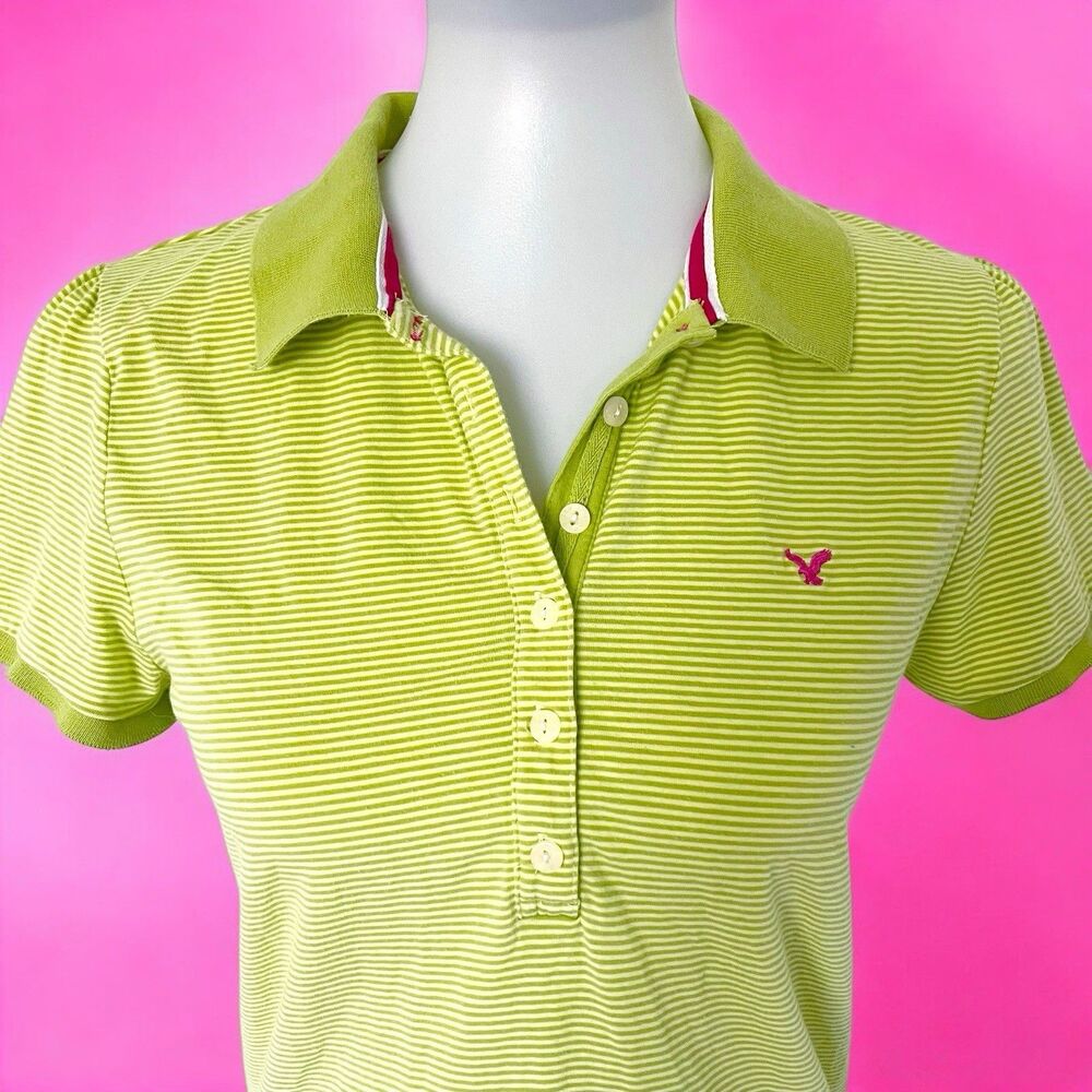 Vintage American Eagle Tee Polo Striped Lime Green Soft Girl Prep Y2K Retro L